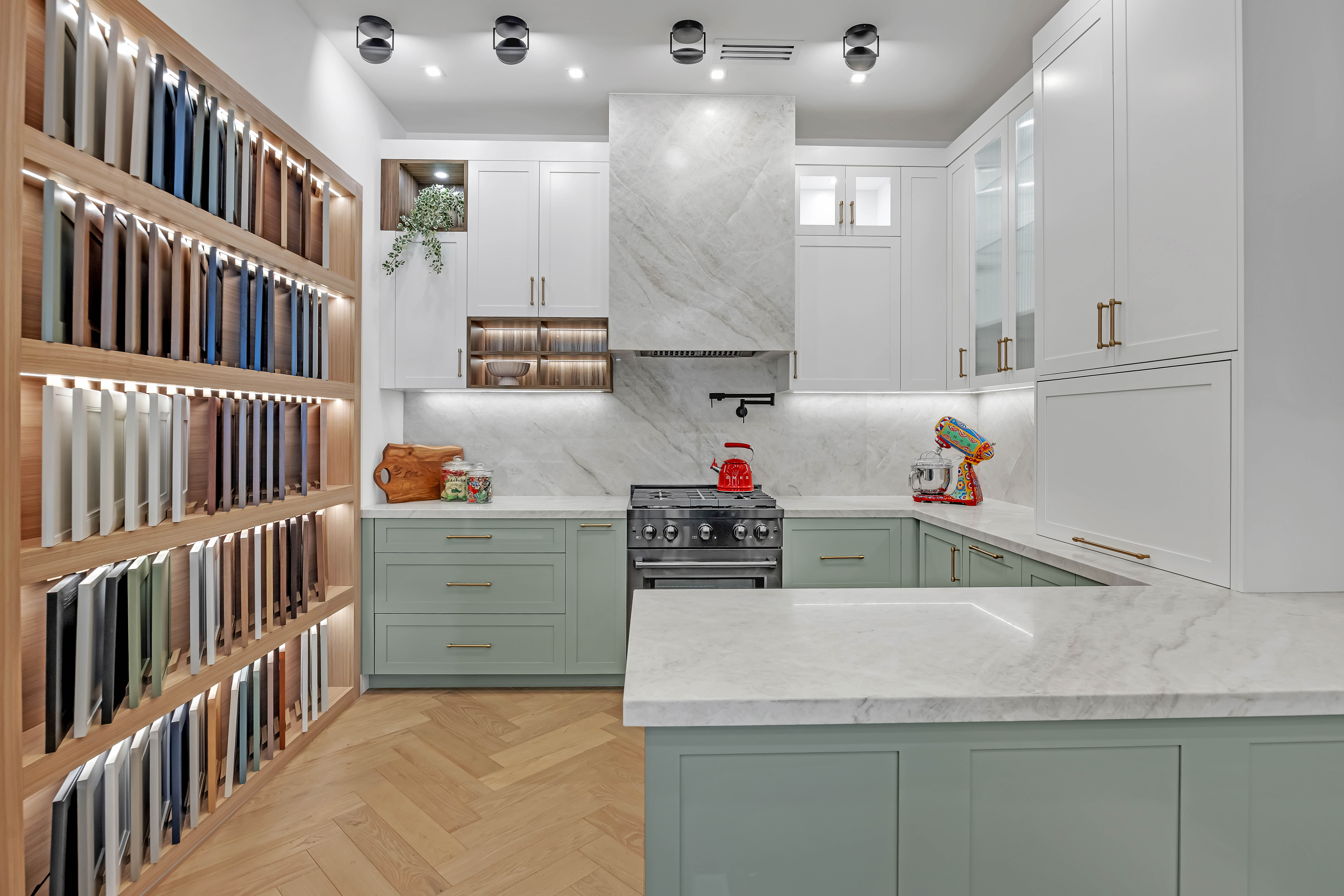 Custom cabinetry, wall paneling and window treatments by Aria Interior Finishes